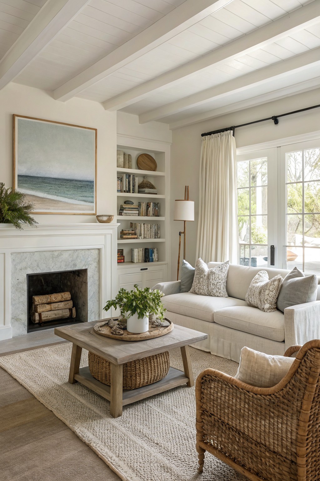 Living room with creamy off-white walls, white beamed ceiling, marble fireplace, white sofa, rattan chair, and wood coffee table on light rug