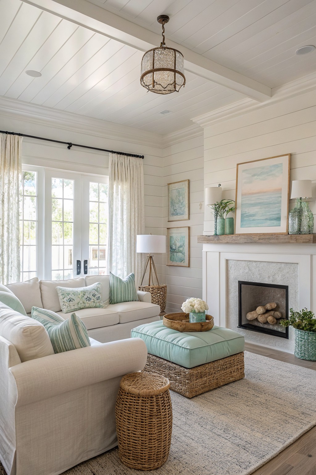Living room with creamy white shiplap walls, white sofa, wood mantel fireplace, seagrass furniture, and soft blue accents