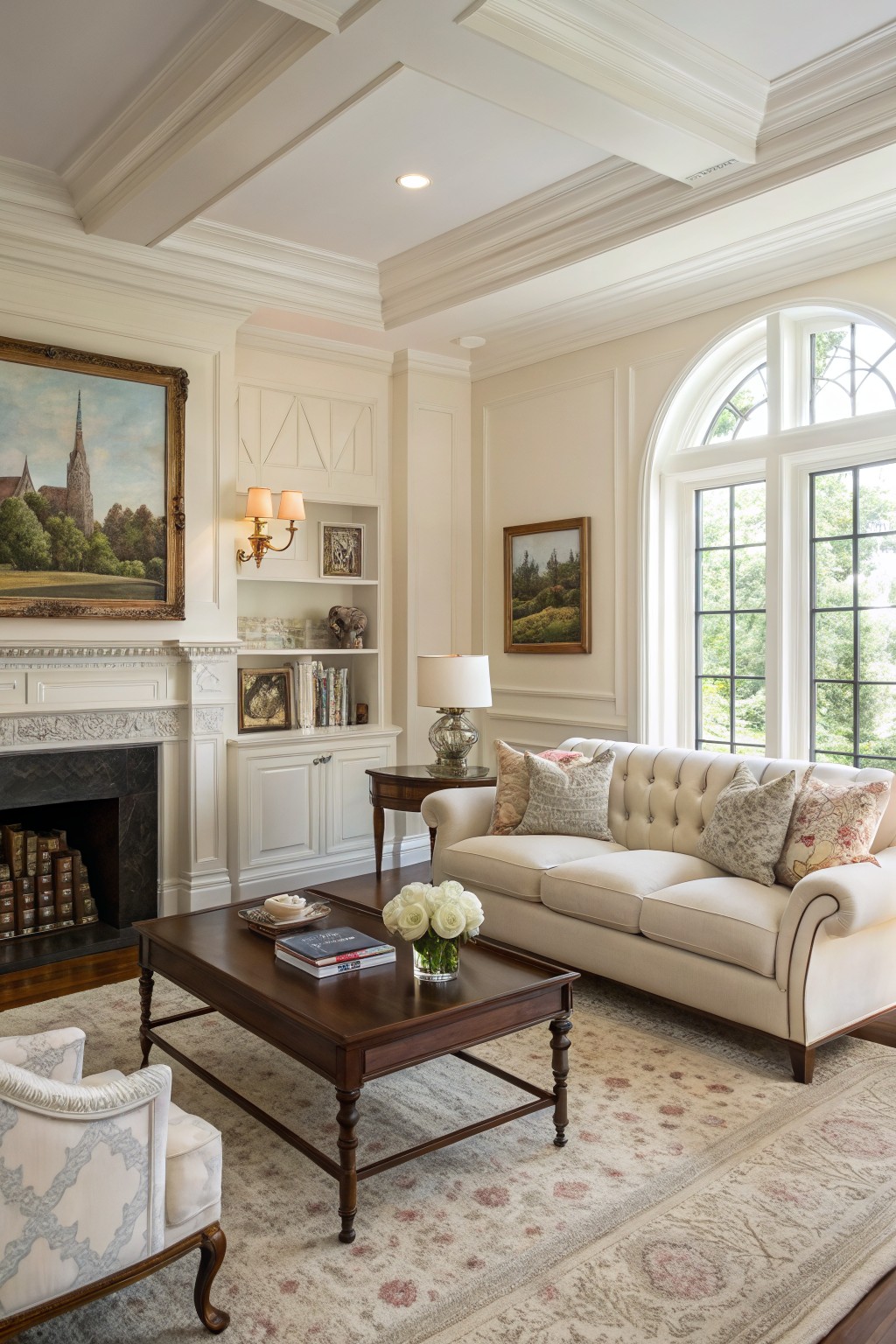 Elegant living room with creamy white walls, ornate fireplace, beige sofa, wood coffee table, and large arched window letting in natural light
