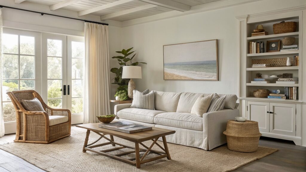 Living room with creamy off-white walls, white beamed ceiling, marble fireplace, white sofa, rattan chair, and wood coffee table on light rug