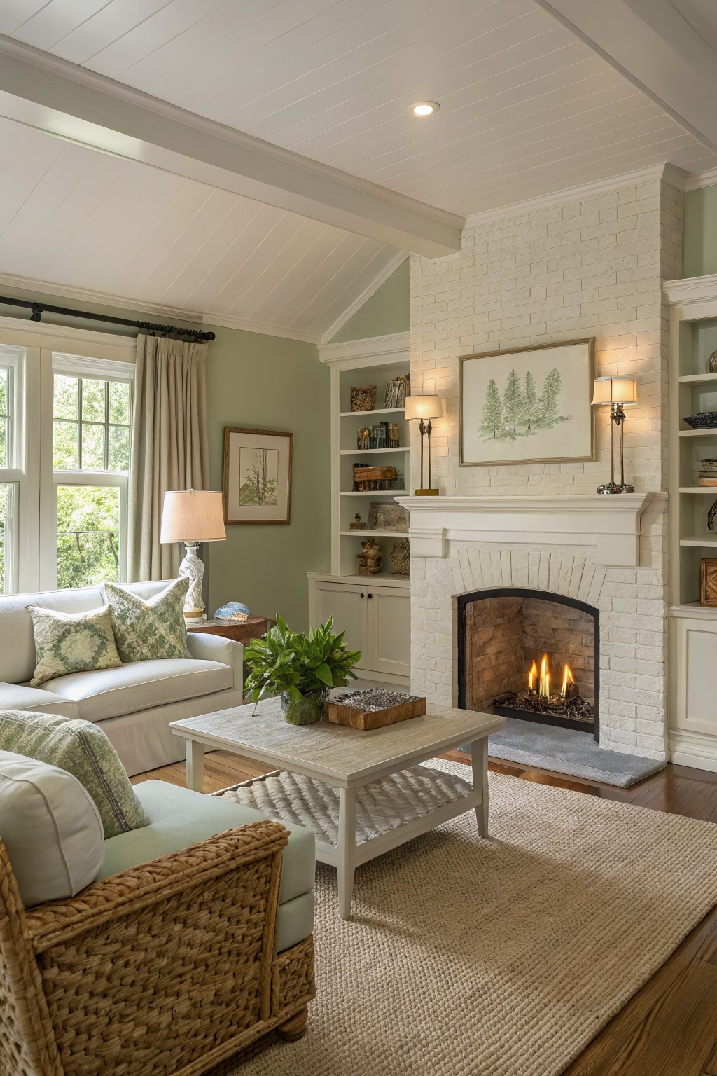 Cozy living room with pale sage green walls, white shiplap ceiling, arched white brick fireplace, neutral linen sofa, rattan chairs, and soft natural light from large windows