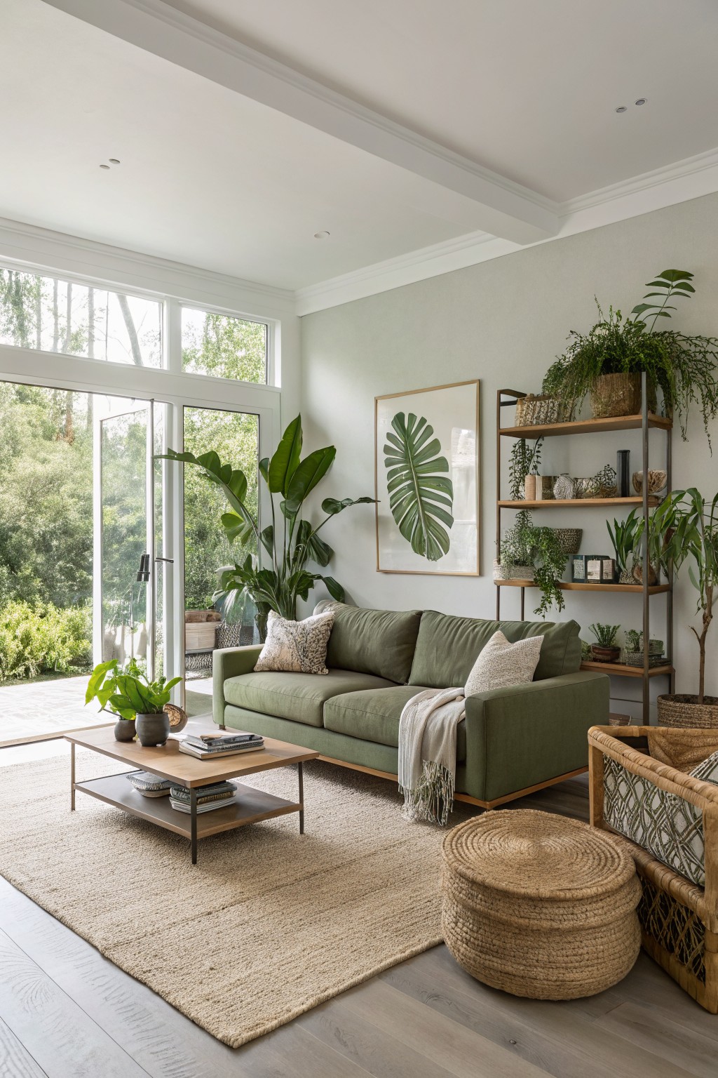 Living room with pale sage green walls, green velvet sofa, potted plants, and seagrass rug near large windows