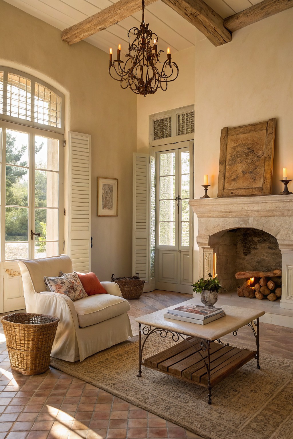 Sunlit living room with soft beige walls, wooden beams, stone fireplace, beige armchair, and large windows with shutters