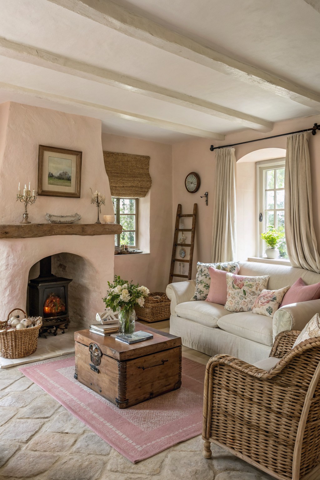 Cozy living room with soft blush pink walls, exposed beams, wood-burning stove, white sofa with floral pillows, rattan chair, and woven basket by the fireplace