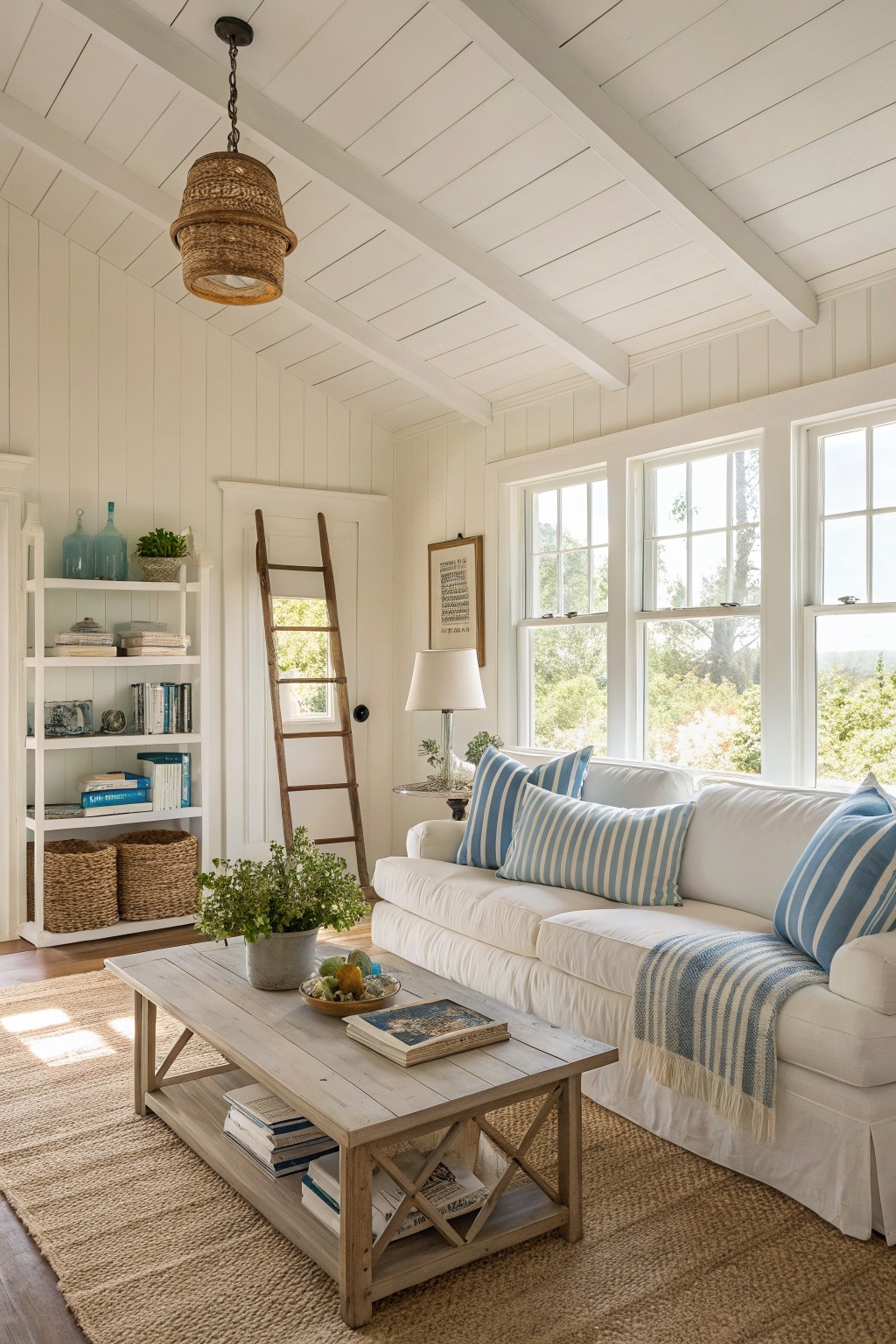 Bright living room with creamy white plank walls and vaulted ceiling, white sofa accented by blue pillows and throw, wooden coffee table, ladder shelf, and large triple windows overlooking greenery