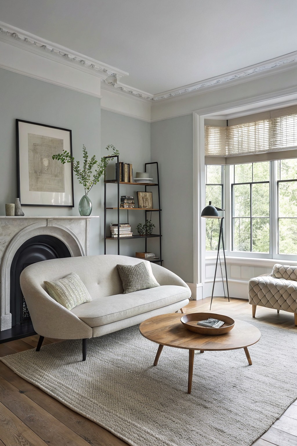 Pale gray-green walls in a cozy living room with curved cream sofa, wood coffee table, black metal shelves, and bay window overlooking trees