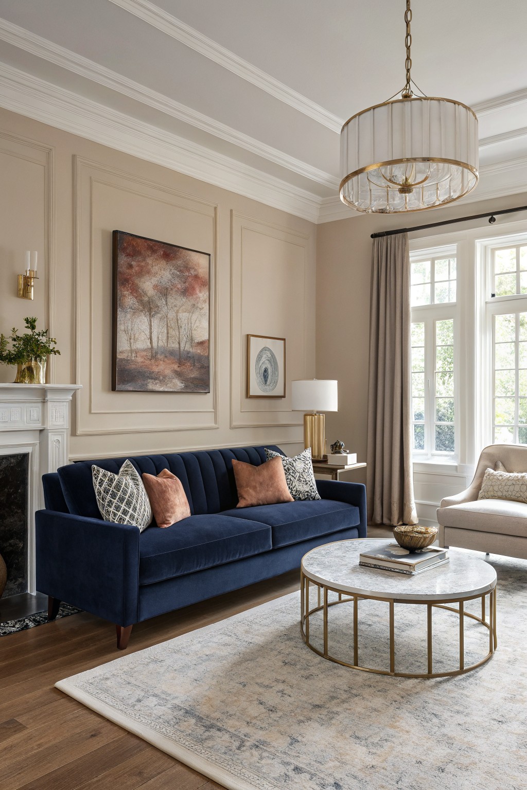 Elegant living room with soft greige paneled walls, navy velvet sofa, gold chandelier, and marble-topped coffee table