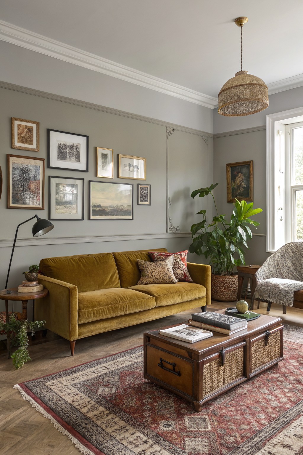 Cozy living room featuring soft greige walls with picture rail molding, mustard velvet sofa, eclectic art gallery wall, large potted plants, rattan pendant light, and woven trunk coffee table on patterned rug