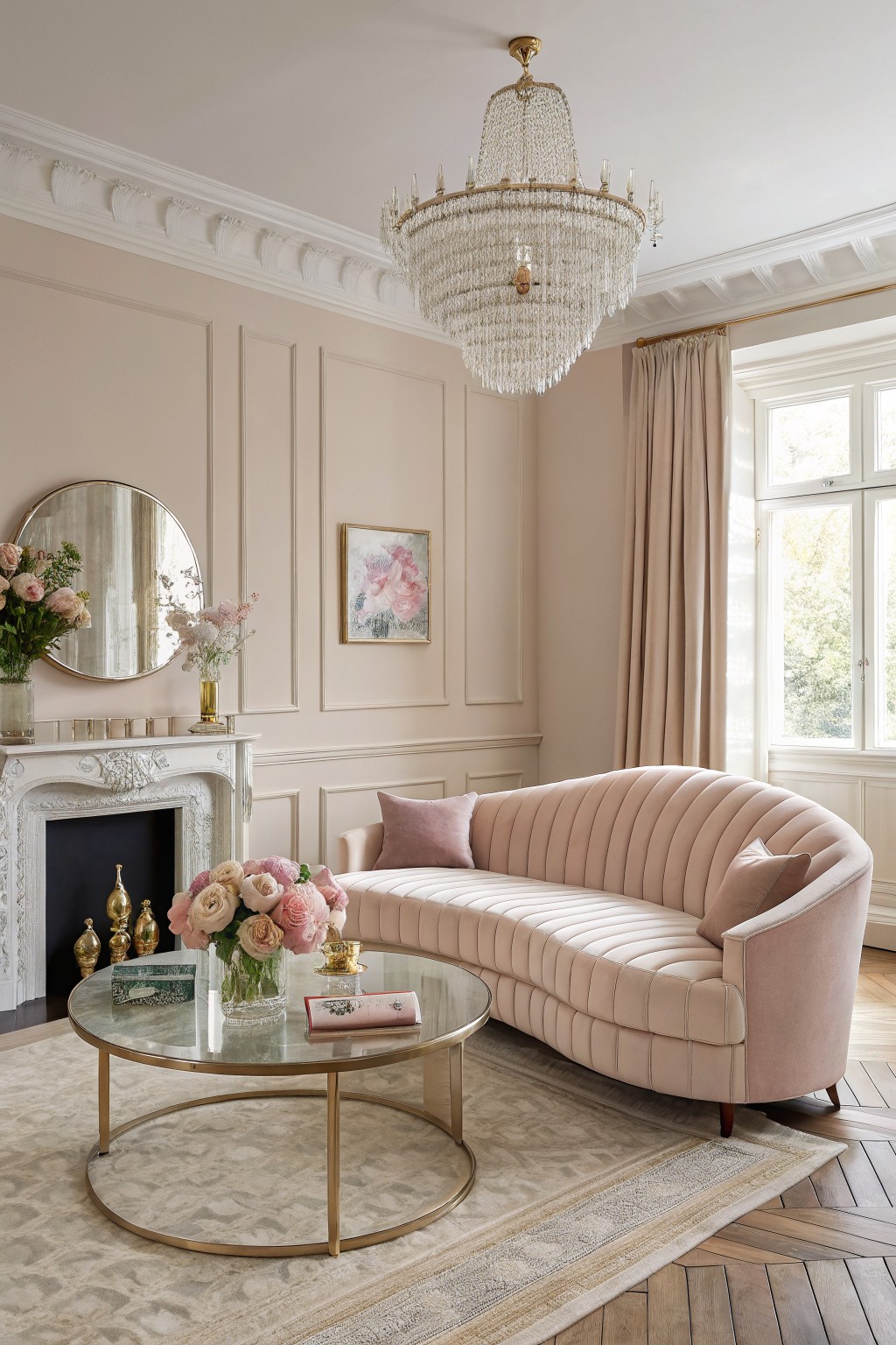 Elegant living room with soft greige walls, pink curved sofa, gold accents, and chandelier