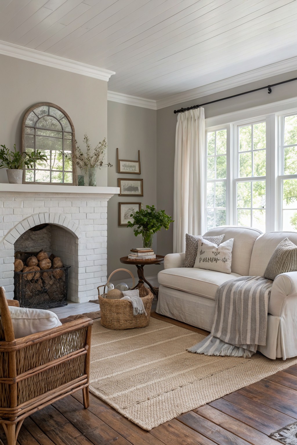 Living room featuring soft greige walls, white brick fireplace with firewood, beige linen sofa with pillows and throw, rattan armchair, seagrass rug, and plants near large sunny windows