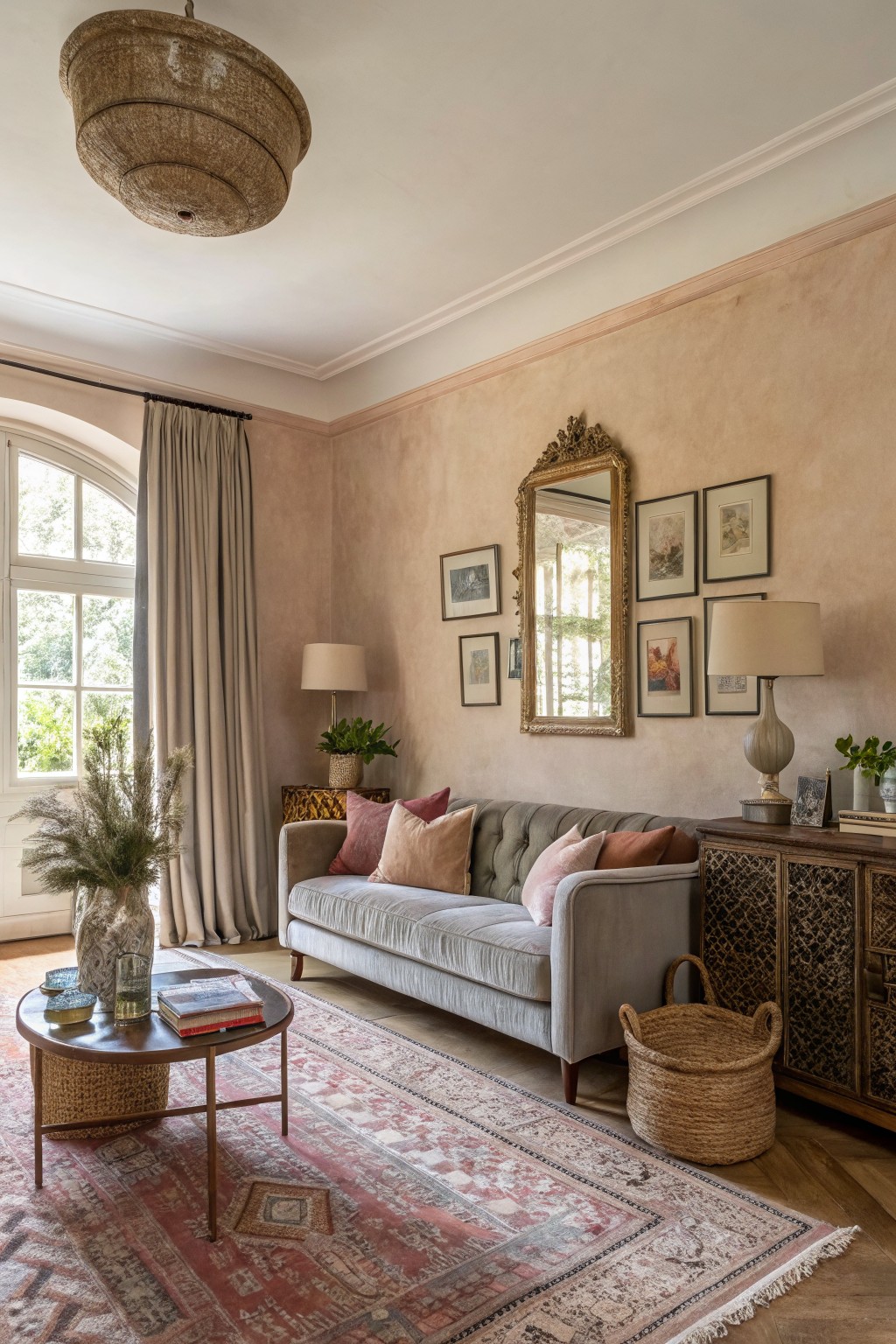 Living room with soft peachy beige plaster walls, gray velvet sofa, gilded mirror, rattan accents, and arched window with gray drapes
