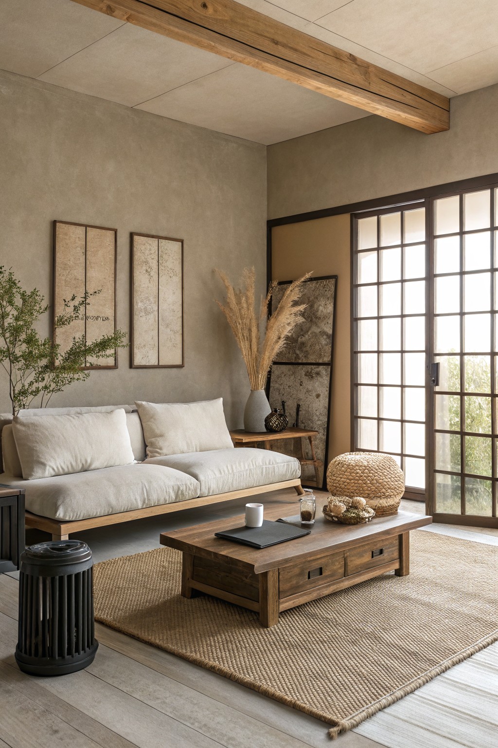 Living room with warm greige walls, exposed wood beams, low wooden sofa, and neutral accents near sliding doors