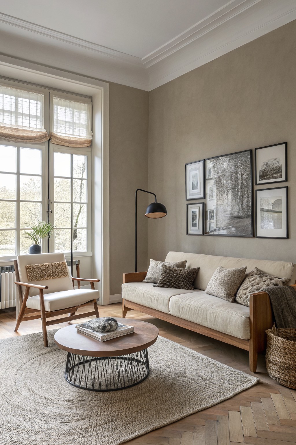 Living room corner with warm greige walls, cream sofa, wooden chair and side table, black-framed art, and natural light from tall windows