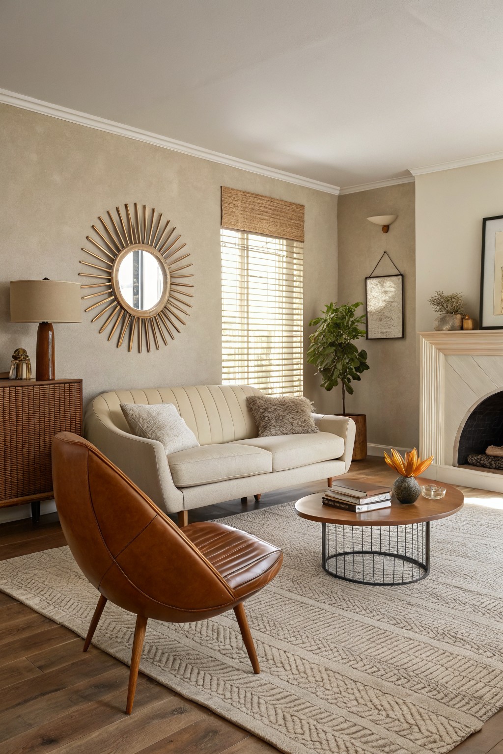 Living room featuring warm greige textured walls with a cream sofa, tan leather chair, wood sideboard, and neutral accents around a fireplace