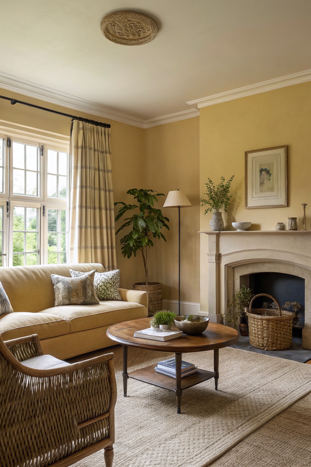 Living room with pale yellow walls, cream sofa accented by patterned pillows, rattan armchair, round wood coffee table, stone fireplace with plants, and large curtained windows