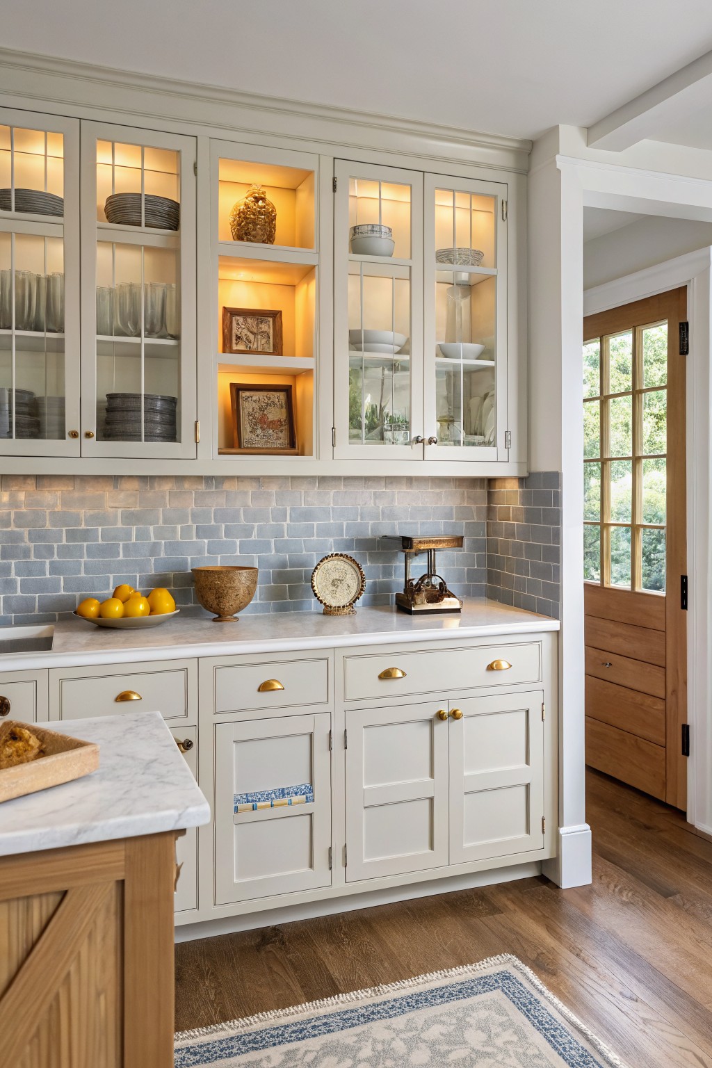 Cozy kitchen corner with creamy white cabinets, lit glass uppers holding dishes, blue-gray subway tile backsplash, marble counters with lemons, brass hardware, and wood island next to a door with greenery outside