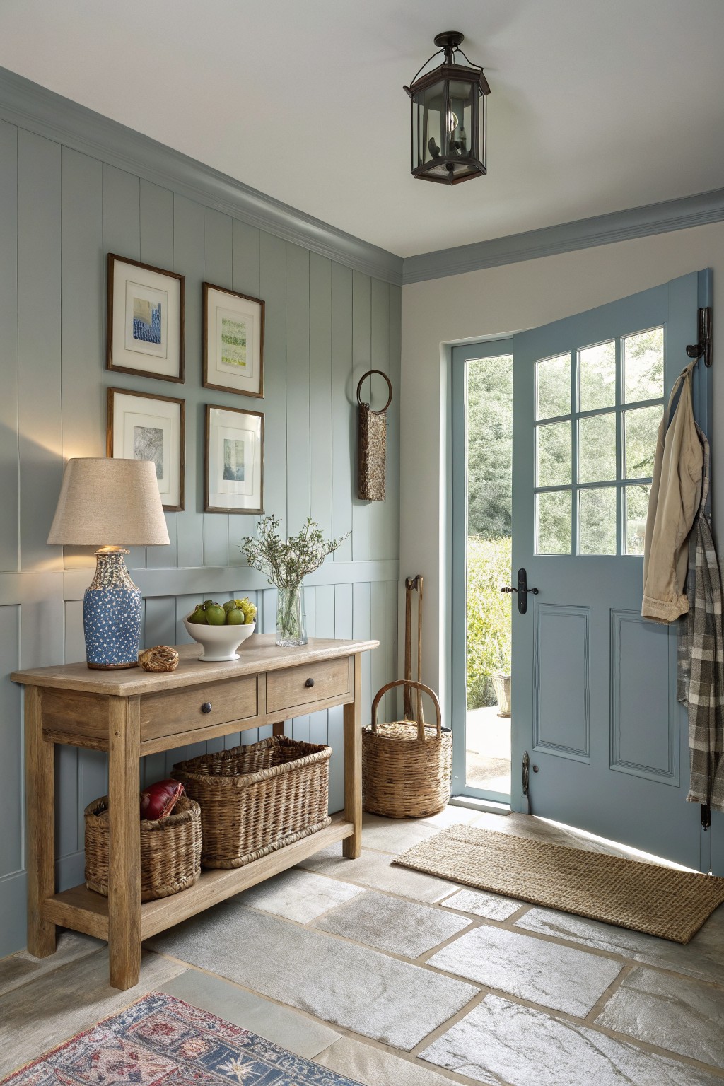 Pale blue-green paneled walls in a cozy entryway with wooden console table, blue door open to garden, and neutral decor accents