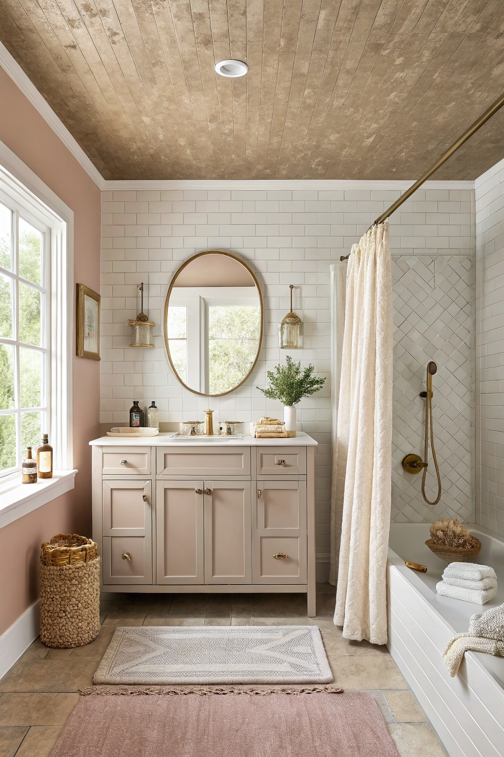 Bathroom with pale blush pink walls, white subway tile shower, round gold mirror, greige wood vanity, and brass fixtures