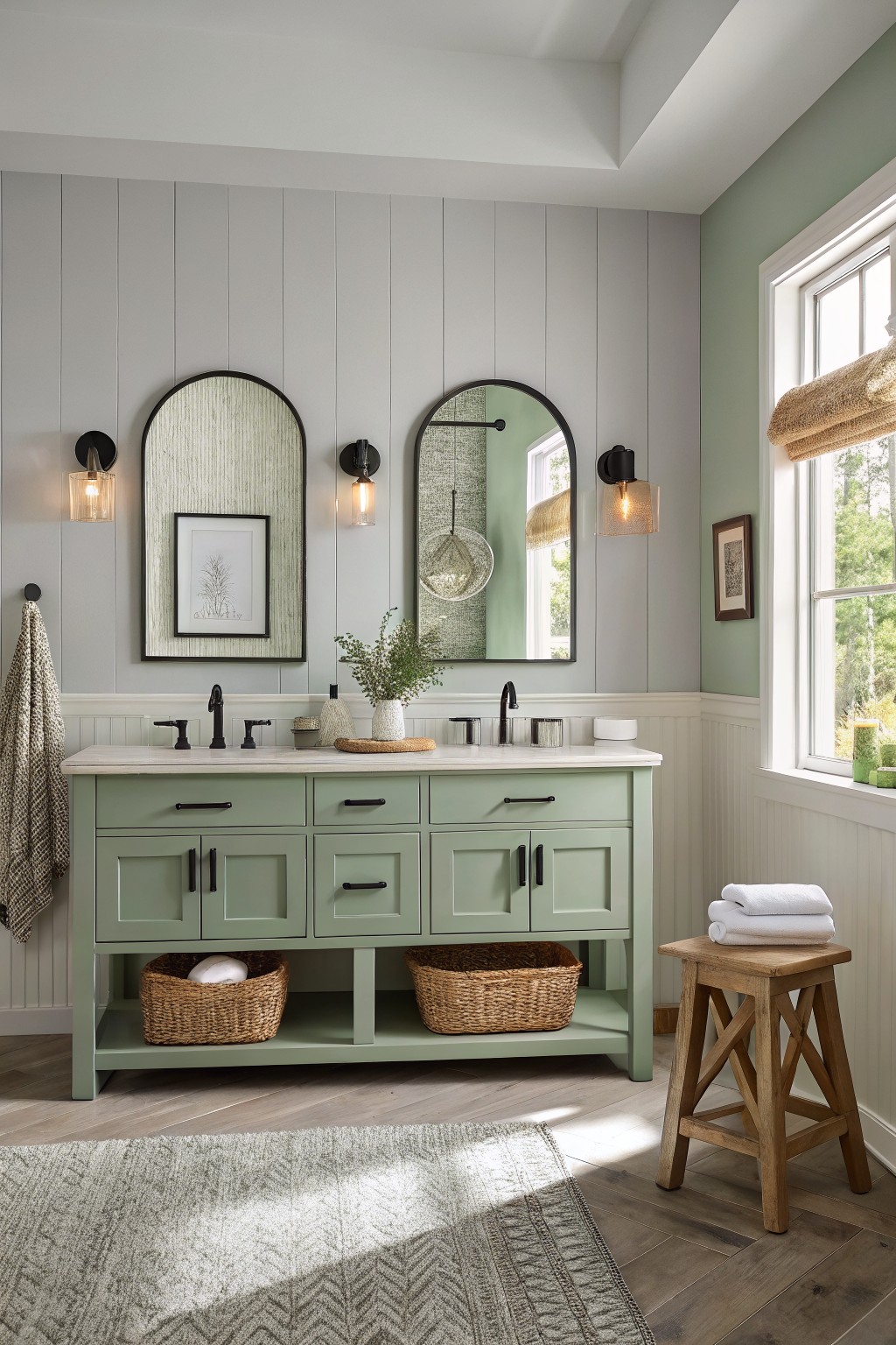 Cozy bathroom corner with sage green double vanity, light gray shiplap walls, arched black mirrors, and wood accents