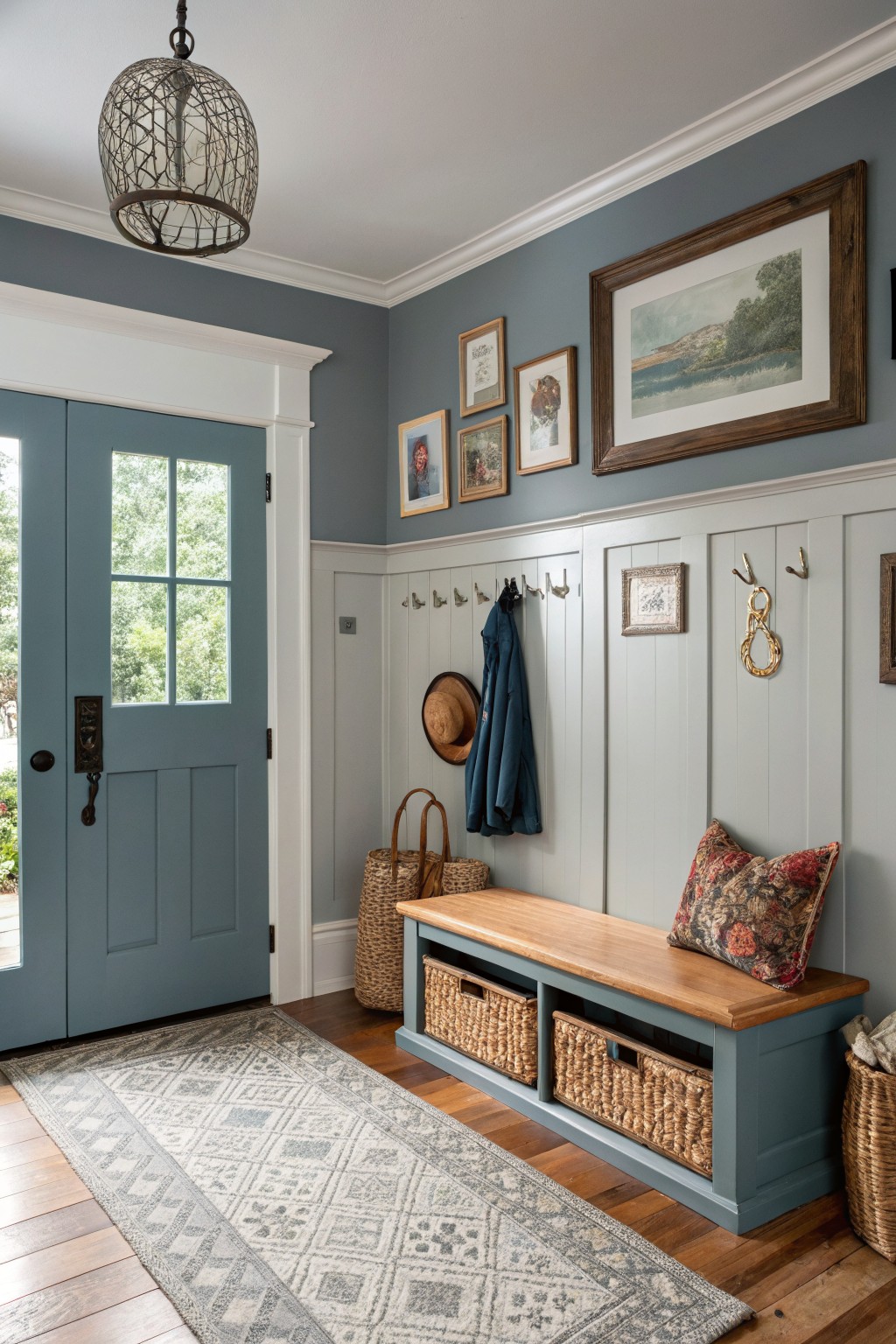 Cozy entryway featuring soft blue-gray paneled walls, a navy front door, wood bench with seagrass baskets, hooks with coats and hats, and framed artwork above a neutral runner rug