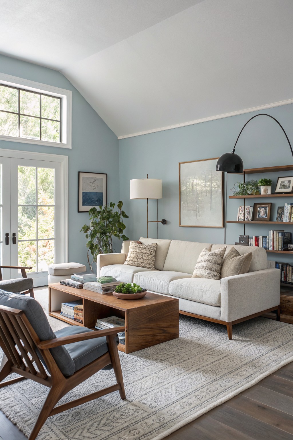 Living room with pale blue walls, white sofa, wood coffee table, accent chair, bookshelves, plants, and large windows with natural light