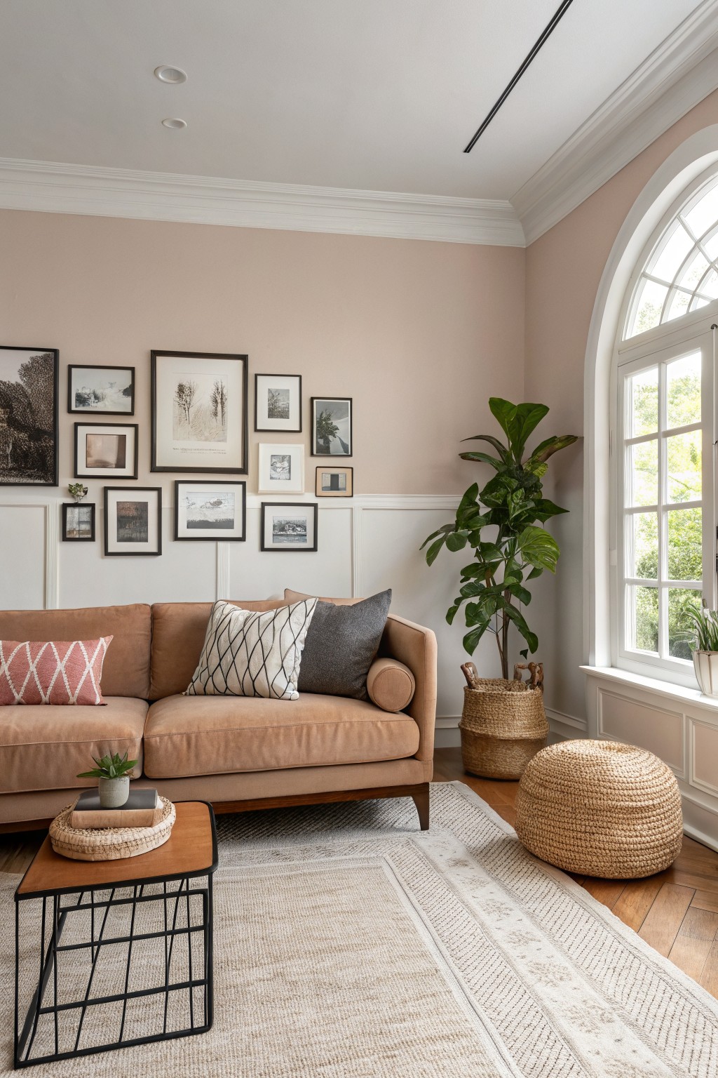 Cozy living room corner featuring soft blush beige walls, a tan mid-century sofa with patterned pillows, gallery wall of black frames, fiddle leaf fig plant, seagrass pouf, and wood floors under a beige rug