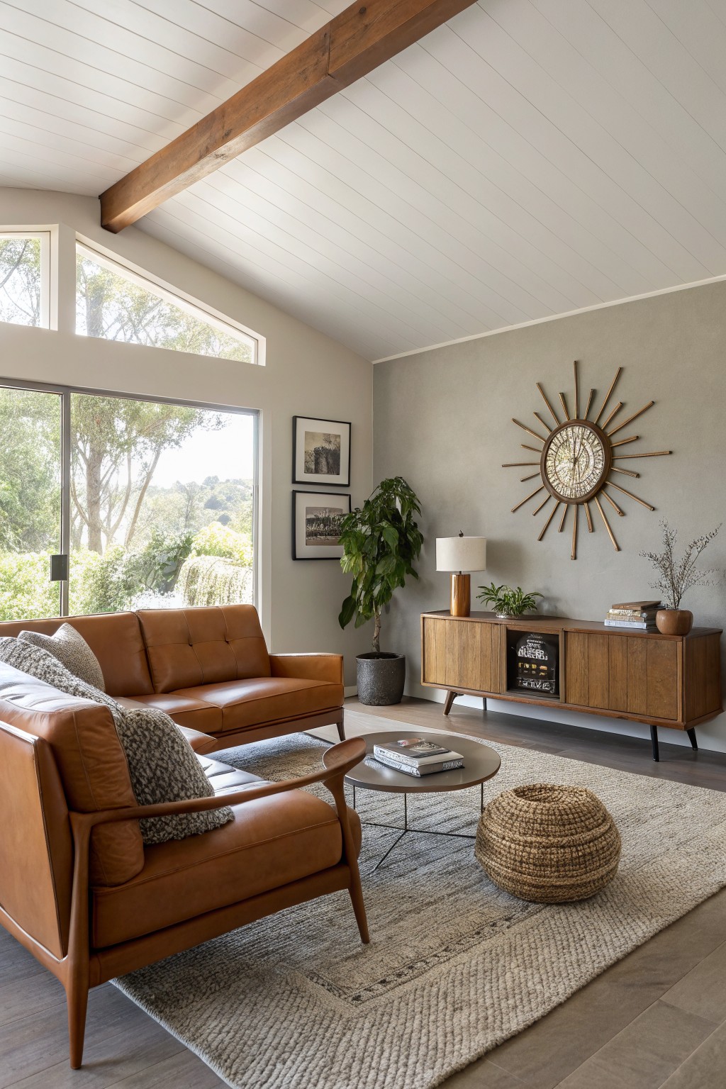 Living room with soft greige walls, tan leather sofa and armchair, midcentury wood credenza, woven basket, neutral rug, and large windows overlooking greenery