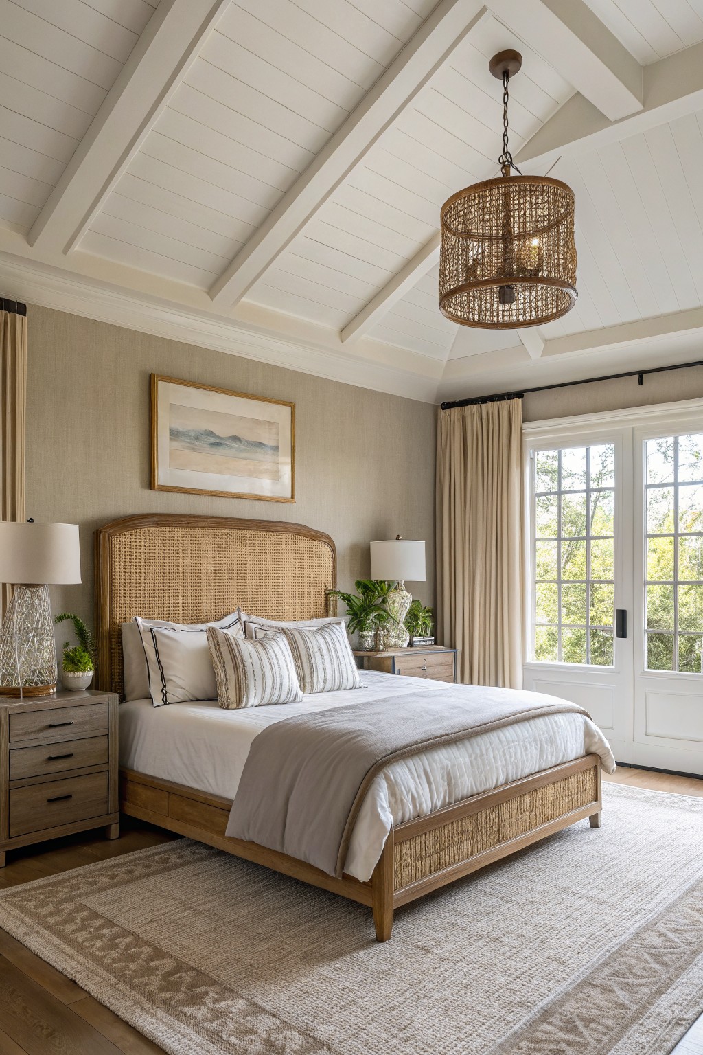 Bedroom interior with soft greige walls, rattan headboard bed, neutral linens, wood nightstands, and French doors overlooking trees