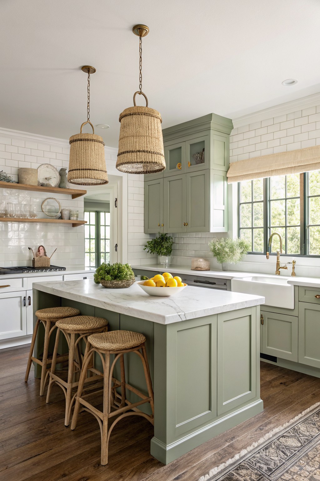 Cozy kitchen featuring soft sage green cabinets, white subway tile backsplash, marble island with rattan stools, and woven pendant lights over hardwood floors
