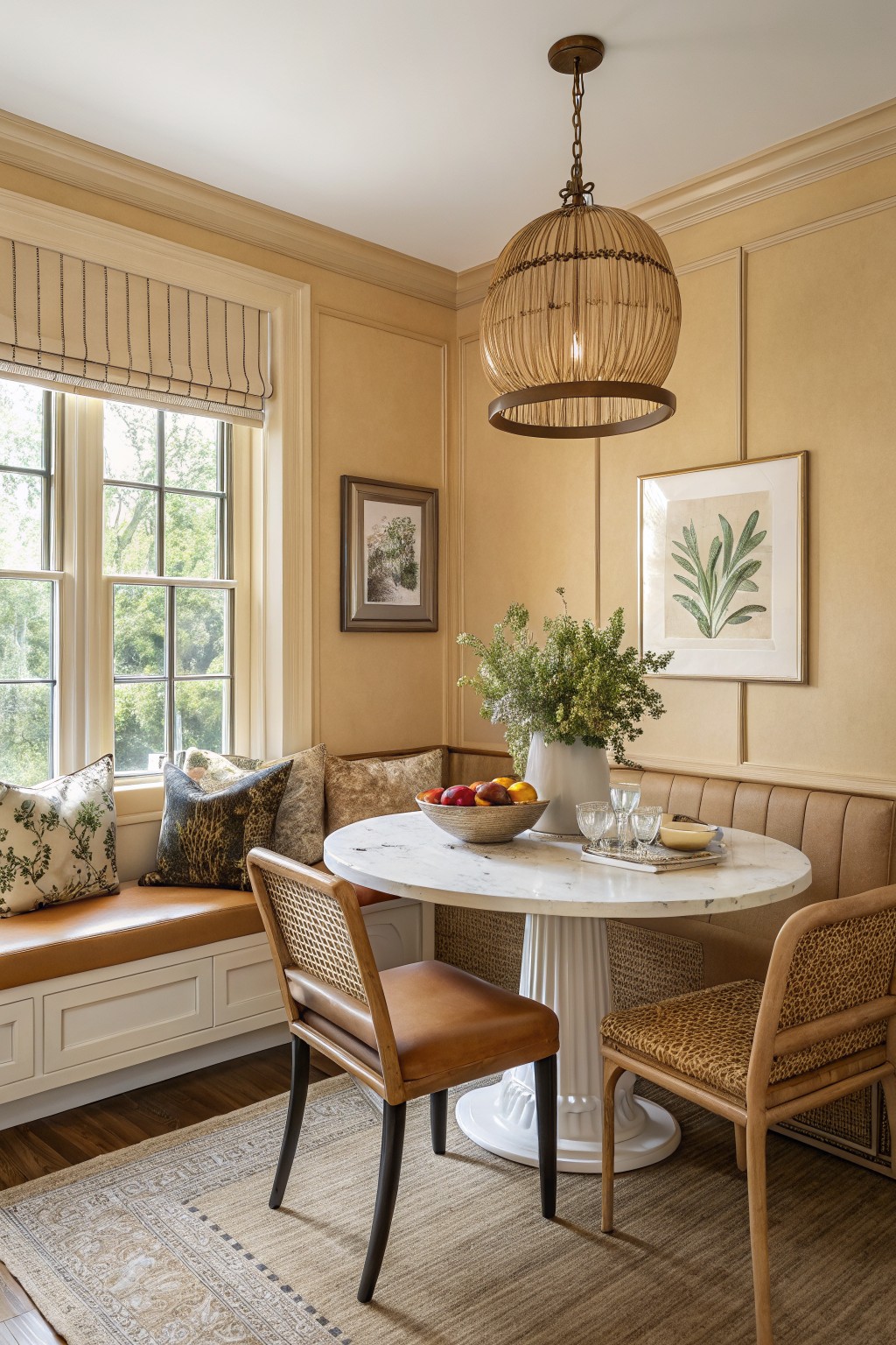 Cozy breakfast nook with pale warm beige paneled walls, built-in leather bench with pillows, round white marble table holding fruit bowl and glasses, rattan and leather chairs, potted greens, artwork, and window overlooking trees