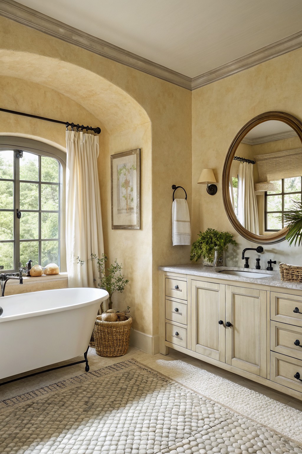 Bathroom with soft warm beige walls, freestanding tub, wooden vanity, and arched window
