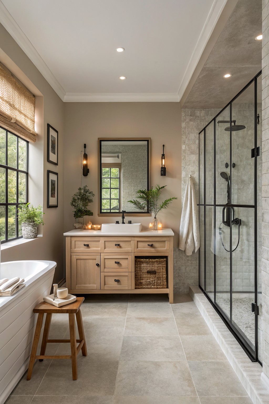 Cozy bathroom featuring warm greige walls, freestanding white tub, oak vanity with woven basket, glass shower enclosure, and potted plants near black-framed window