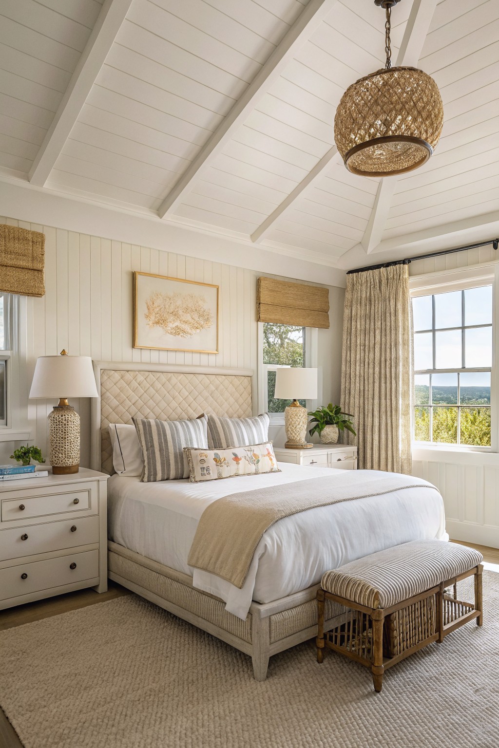 Bedroom interior with warm white shiplap walls and ceiling beams, upholstered bed with beige linens, rattan lamp and bench, large window with neutral drapes overlooking green hills