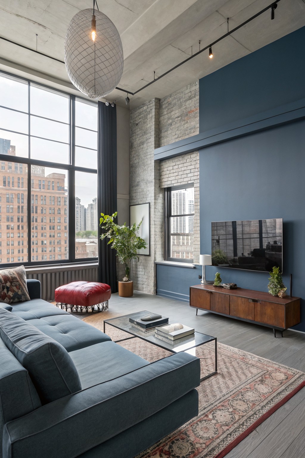 Modern loft living room with deep navy accent wall next to exposed brick, large windows overlooking city, blue sofa, red ottoman, wood media console, plants, and paper lantern light fixture