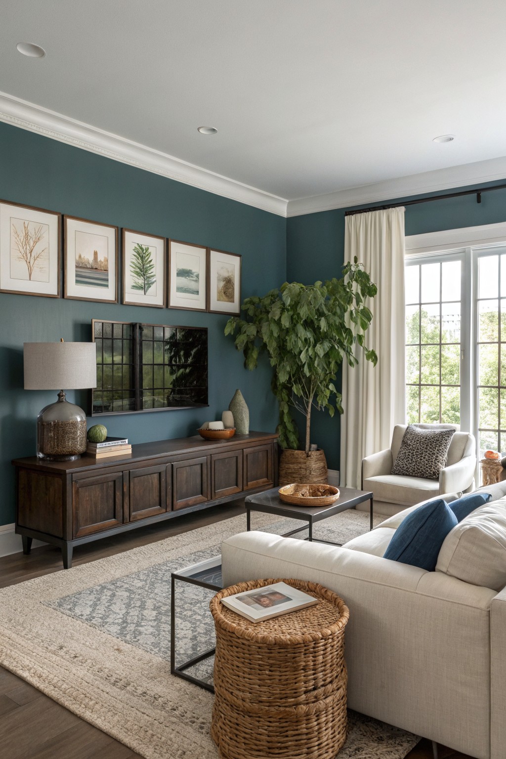 Modern living room featuring a deep teal accent wall behind a wood media console and TV, with white sofa, potted plants, artwork, and large windows letting in natural light