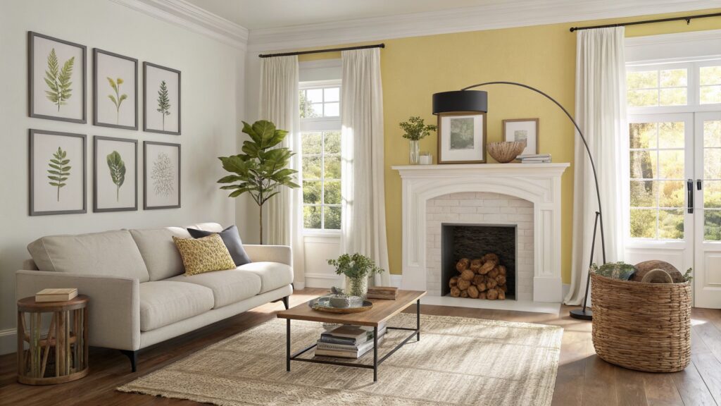 25 Fresh Modern Living Room Paint Colors That Feel Upgraded Modern living room featuring pale yellow walls, a cream sofa with mustard pillows, fiddle leaf fig plant, white fireplace, arched windows with sheer curtains, and seagrass rug on hardwood floors