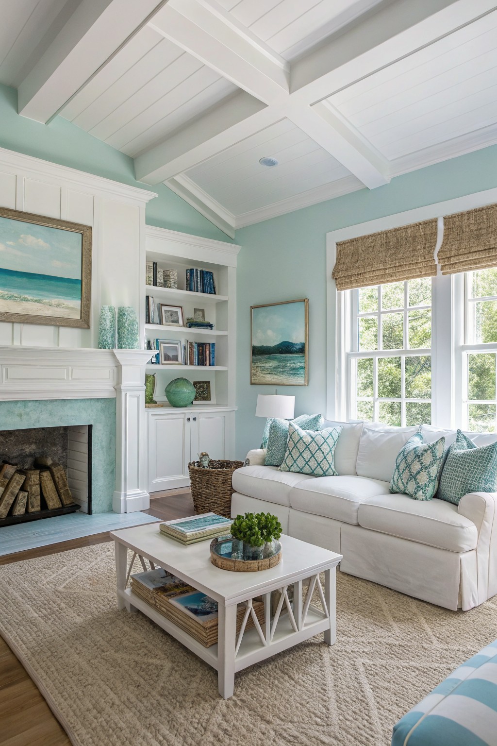 Living room featuring pale aqua walls with white shiplap ceiling beams, built-in bookshelves, and a white sofa