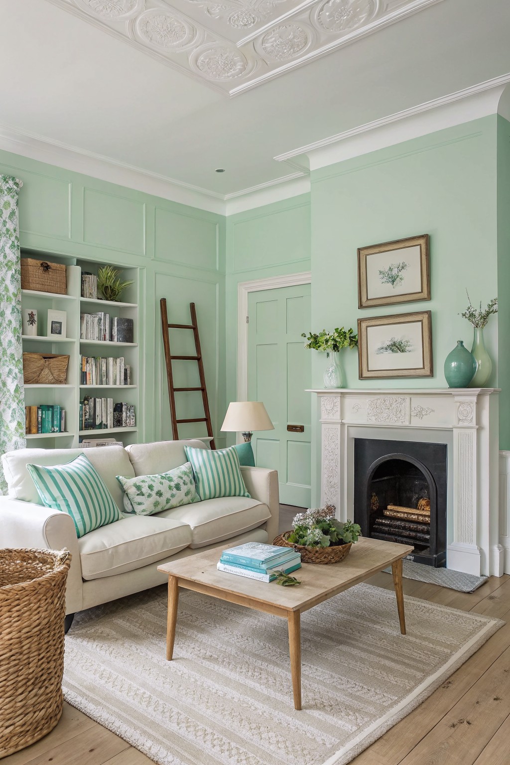 Cozy living room with pale sage green paneled walls, white sofa accented by striped pillows, wooden coffee table with books, and white fireplace mantel