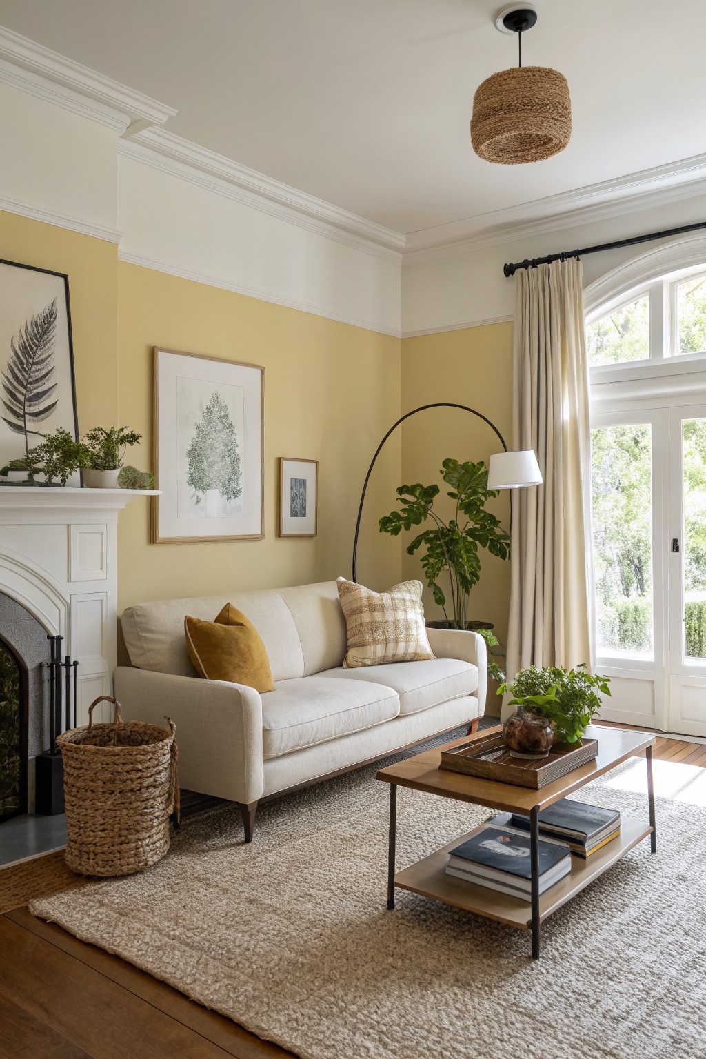 Modern living room featuring pale yellow walls, a cream sofa with mustard pillows, fiddle leaf fig plant, white fireplace, arched windows with sheer curtains, and seagrass rug on hardwood floors