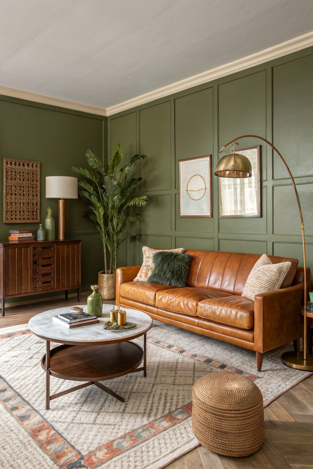 Modern living room featuring sage green paneled walls, tan leather sofa, wooden credenza, potted plants, and brass arch lamp