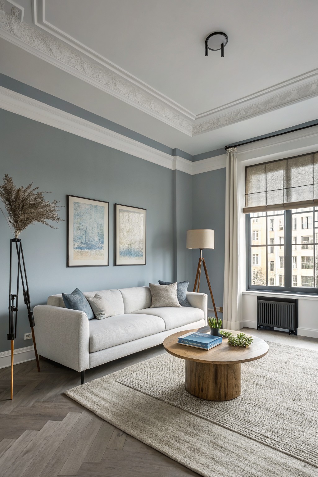 Modern living room featuring soft blue-gray walls, white sofa, tripod floor lamp with potted dried grass, wood coffee table, and large window with city view