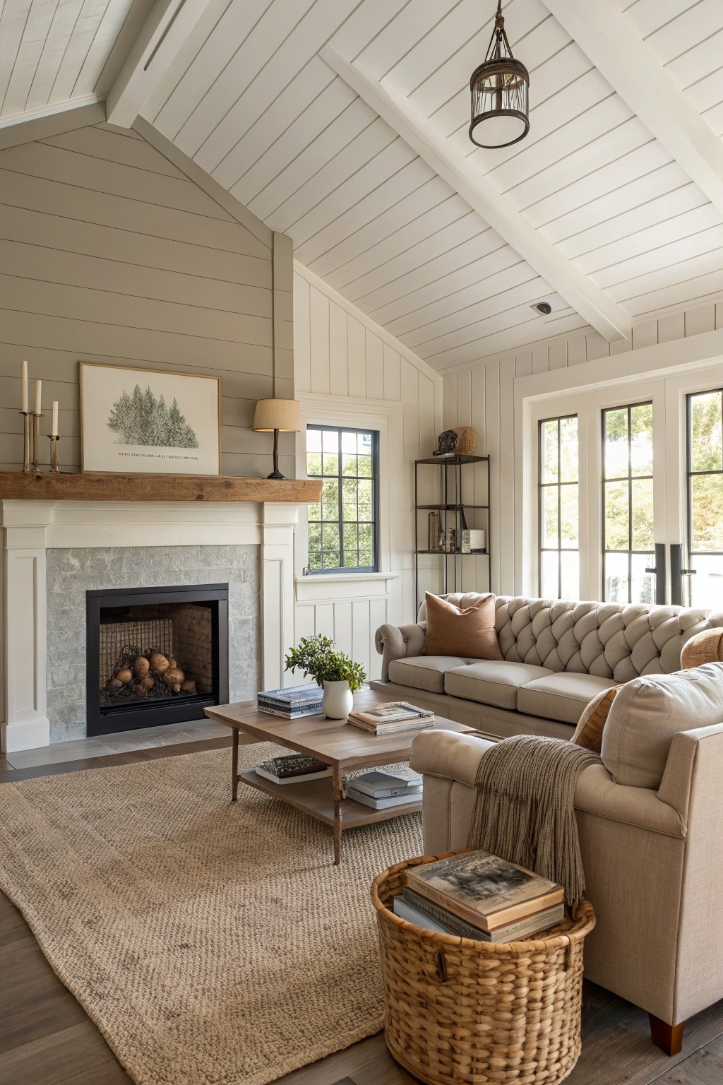 Cozy modern living room featuring soft greige accent wall behind a stone fireplace, white shiplap ceilings and trim, beige tufted sofa, wood coffee table, and large windows
