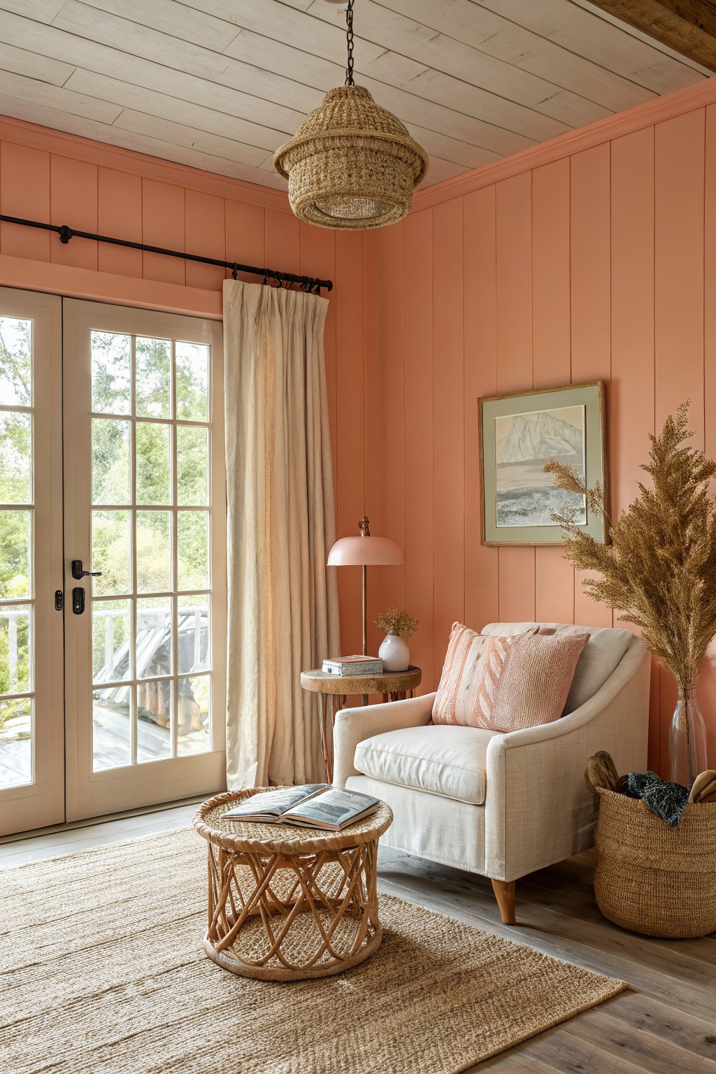 Cozy living room corner with warm peach shiplap walls, white armchair with pink pillows, rattan side table, potted pampas grass, and French doors to a wooded view