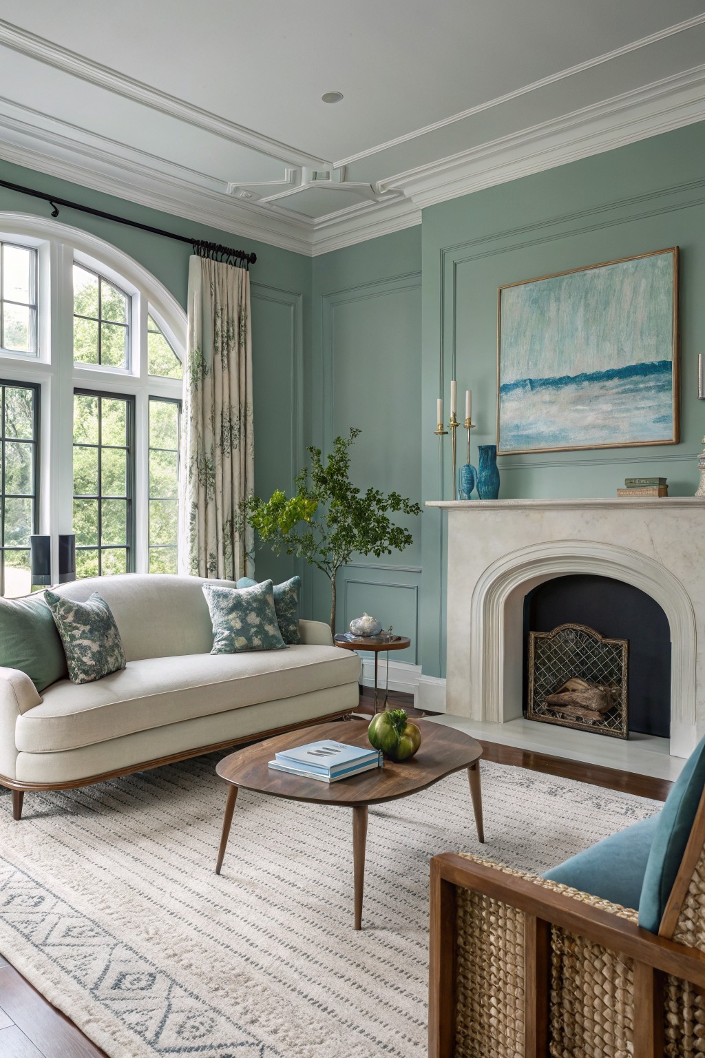 Living room with pale sage green paneled walls, white sofa accented by green pillows, marble fireplace, wood coffee table, and large arched window.