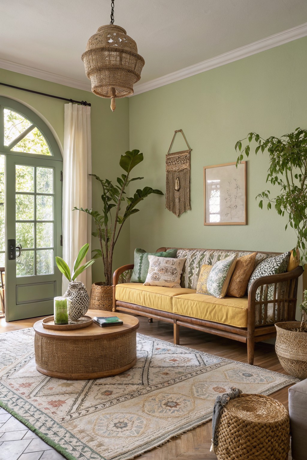 Living room with soft sage green walls, yellow sofa on rattan frame, large plants, woven decor, and arched green door to outdoors