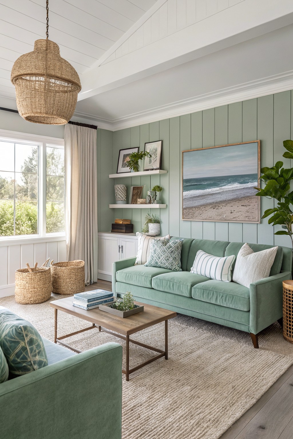 Cozy living room featuring pale sage green shiplap walls, green velvet sofa, rattan baskets, wood coffee table, and ocean artwork near large windows