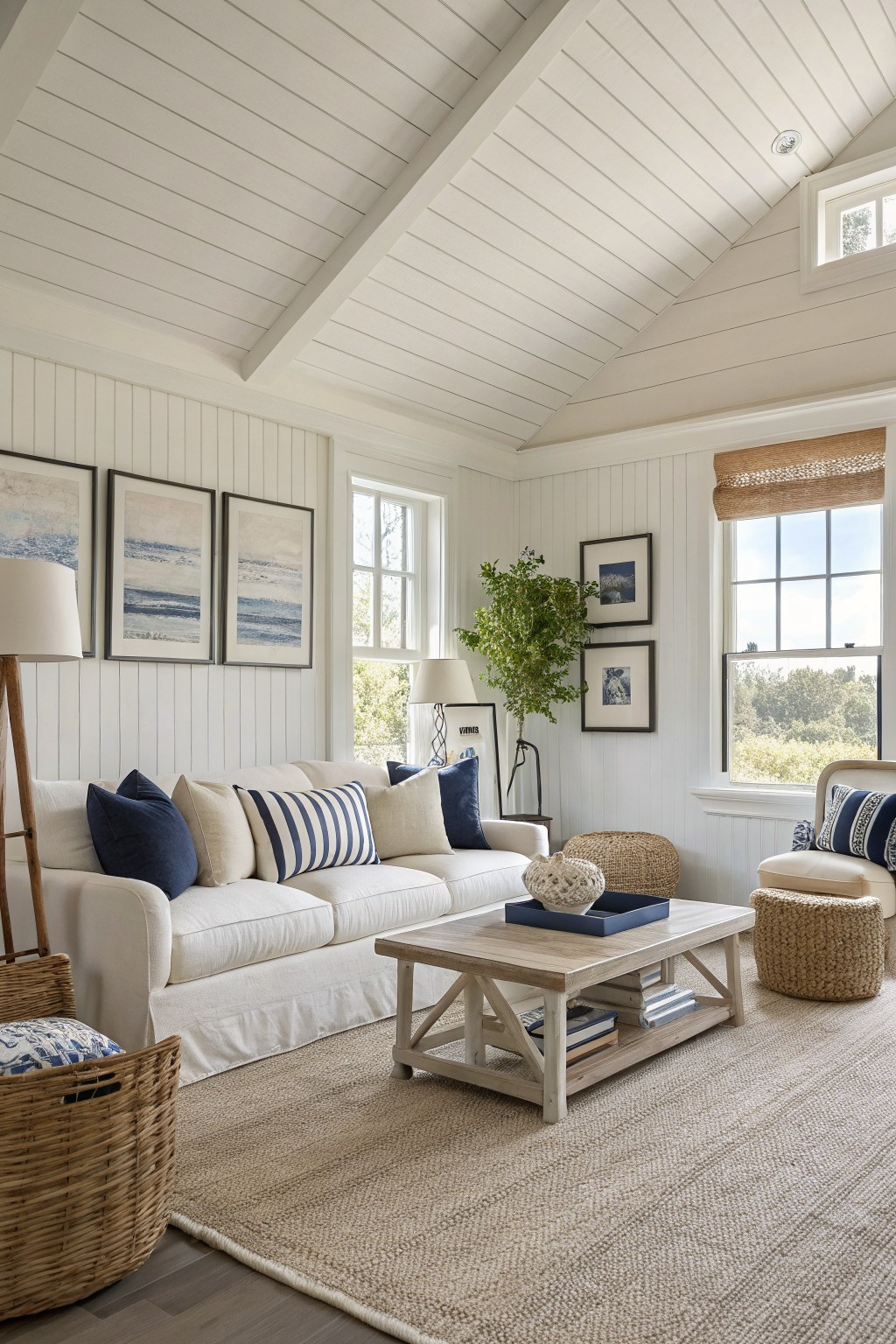 Bright living room with soft white shiplap walls, white sofa with navy and striped pillows, wood coffee table, rattan accents, and large windows overlooking greenery