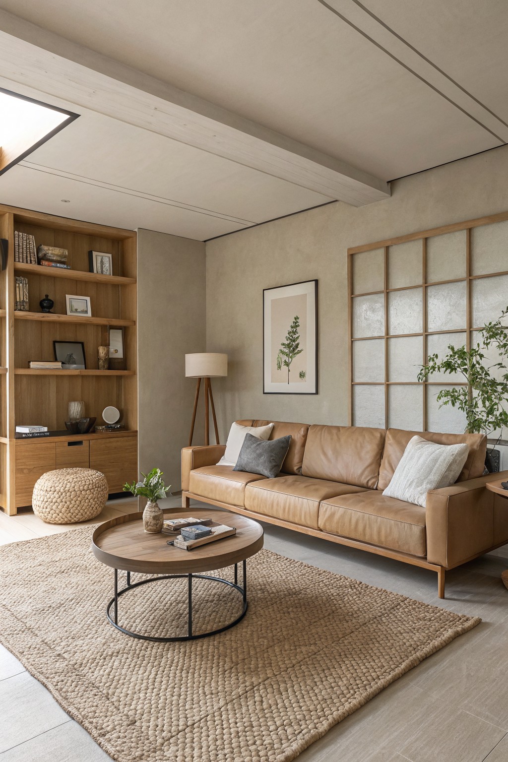 Cozy modern living room featuring warm greige walls paired with tan leather sofa, wooden bookshelves, and neutral furnishings