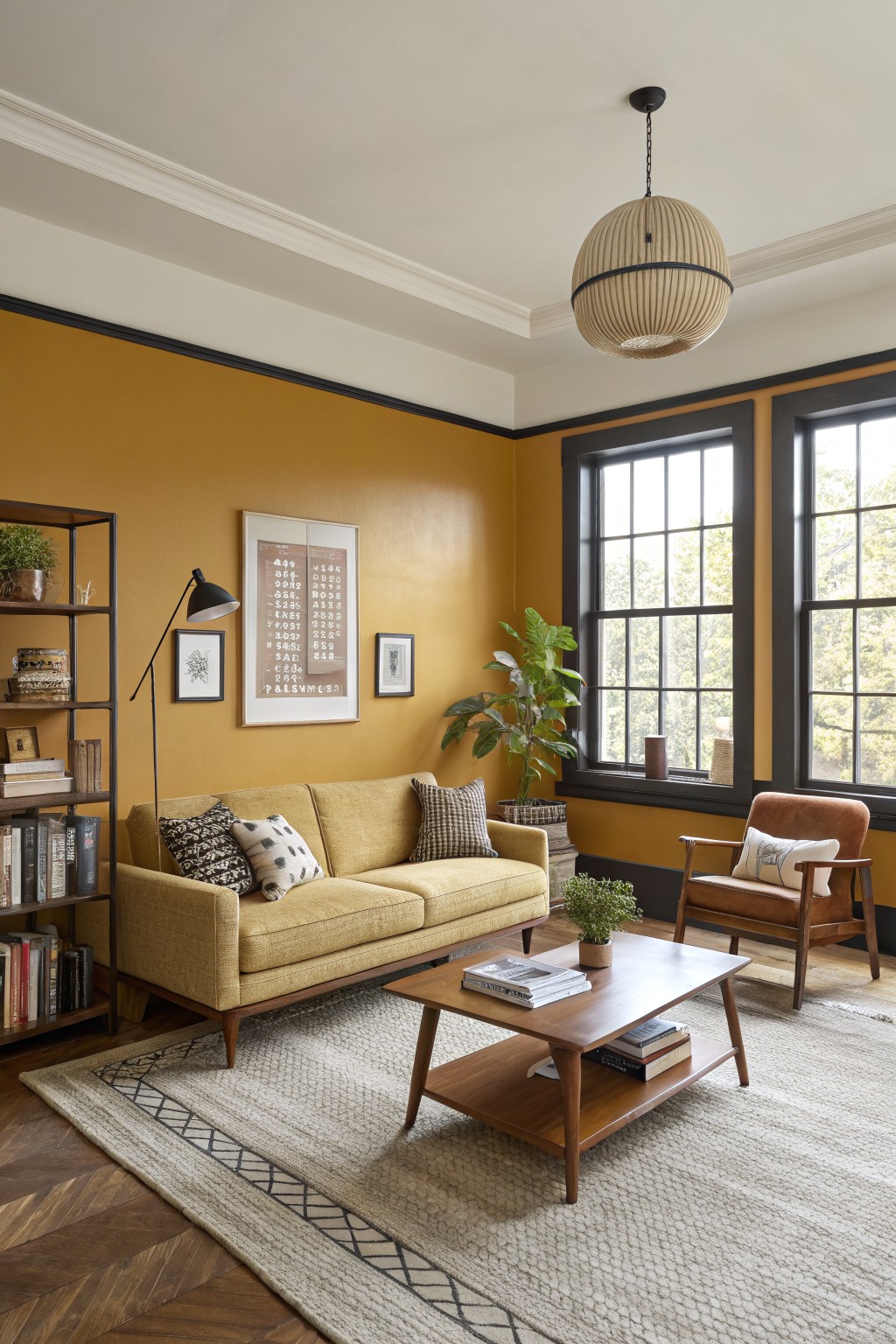 Cozy modern living room with mustard yellow walls, black window trim, yellow mid-century sofa, wood accents, and potted plants