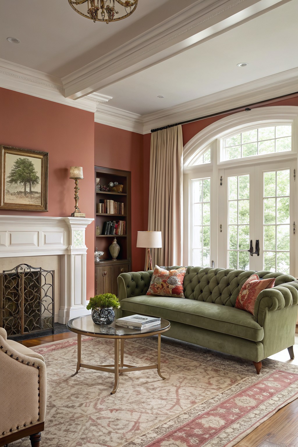 Cozy living room featuring warm terracotta walls, tufted emerald green sofa, white fireplace mantel, brass accents, and large arched windows with cream drapes